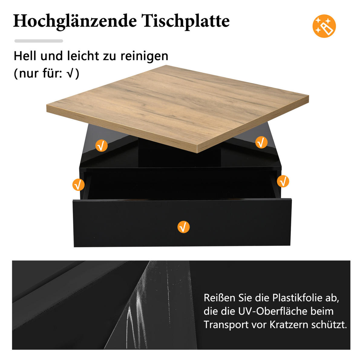 COUCHTISCH 70/70 cm drehbar mit versteckter Schublade in Walnuss/Schwarz - Schwarz, Holzwerkstoff (70/70/36cm) - BEAOK