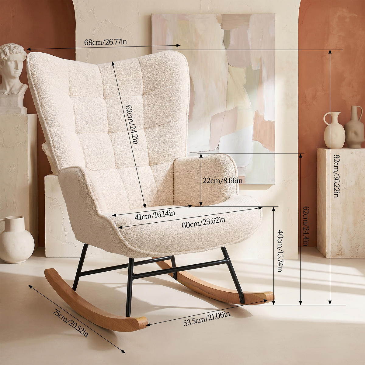 SCHAUKELSTUHL, Teddy-Velours, Skandinavisch, Belastbarkeit 120 kg, Beige - Beige/Kieferfarben, Holz/Textil (68/92/75cm) - GENKI LIVING