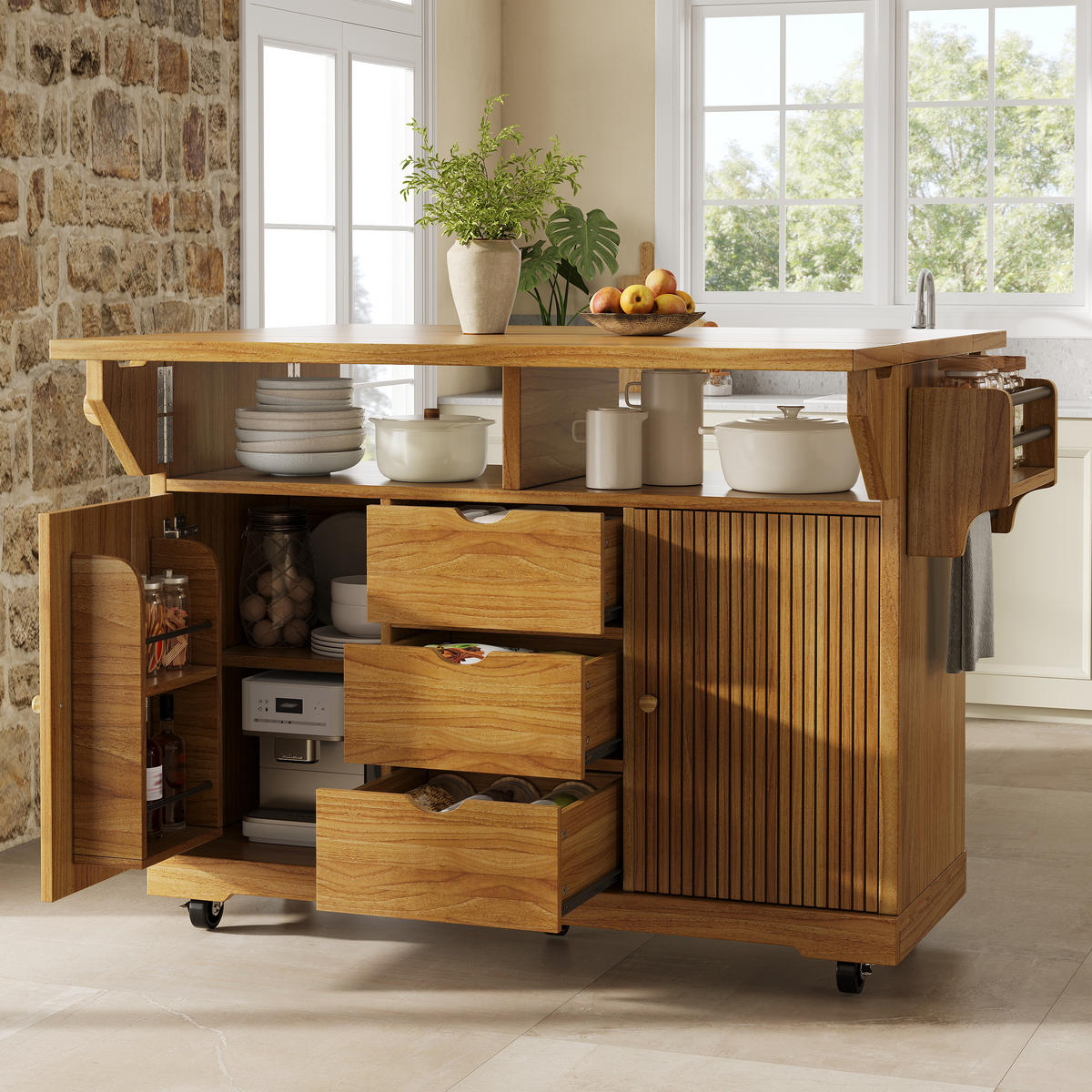 KÜCHENINSEL DE-41170 142,5/40-80/95 cm mit ausklappbaren Tischverlängerungen Dunkelbraun - Dunkelbraun, Holzwerkstoff (142.5/95/80cm) - ComfortXL