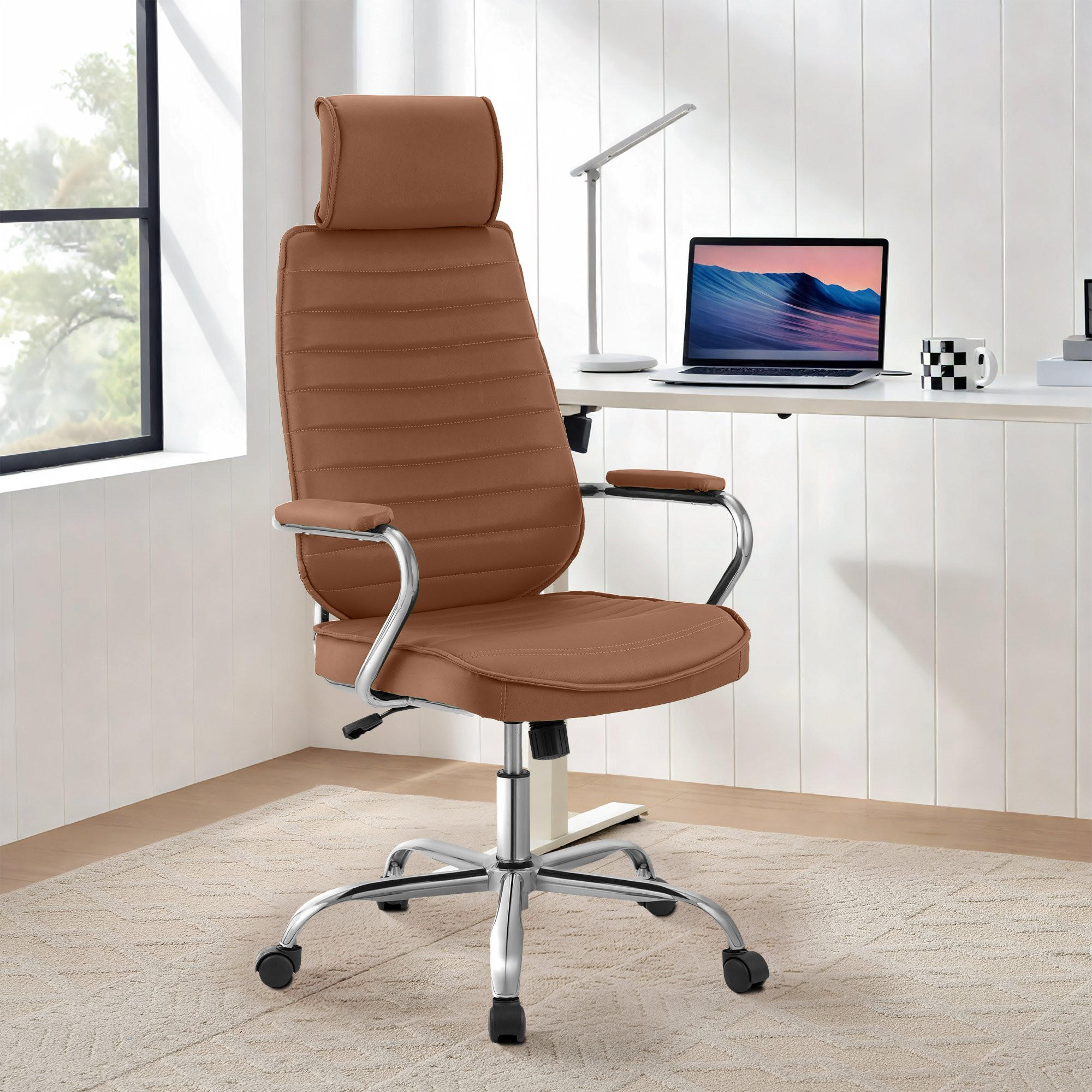 CHEFSESSEL Lederlook Hellbraun - Chromfarben/Hellbraun, Textil/Metall (60/117/67cm) - CLP