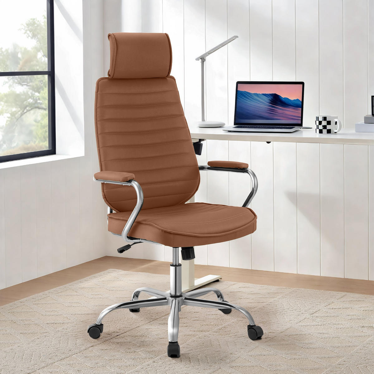 CHEFSESSEL Lederlook Hellbraun - Chromfarben/Hellbraun, Textil/Metall (60/117/67cm) - CLP