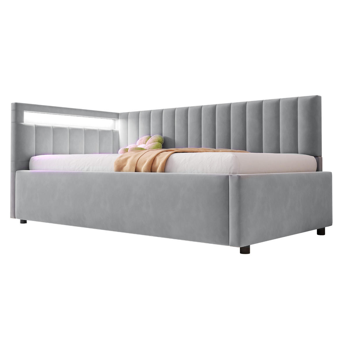 POLSTERBETT 90/200 cm hellgrau aus Samt mit LED und hydraulischem Stauraum - Hellgrau, Textil (90/200cm) - OKWISH