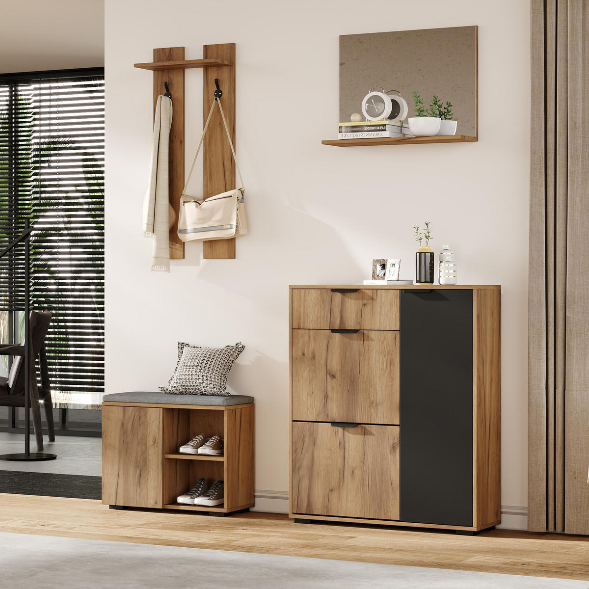 GARDEROBENSET Wand mit Schuhbank Spiegel Natur Schwarz 140x35x139cm - Naturfarben, Holzwerkstoff (35/139/140cm) - FLIEKS