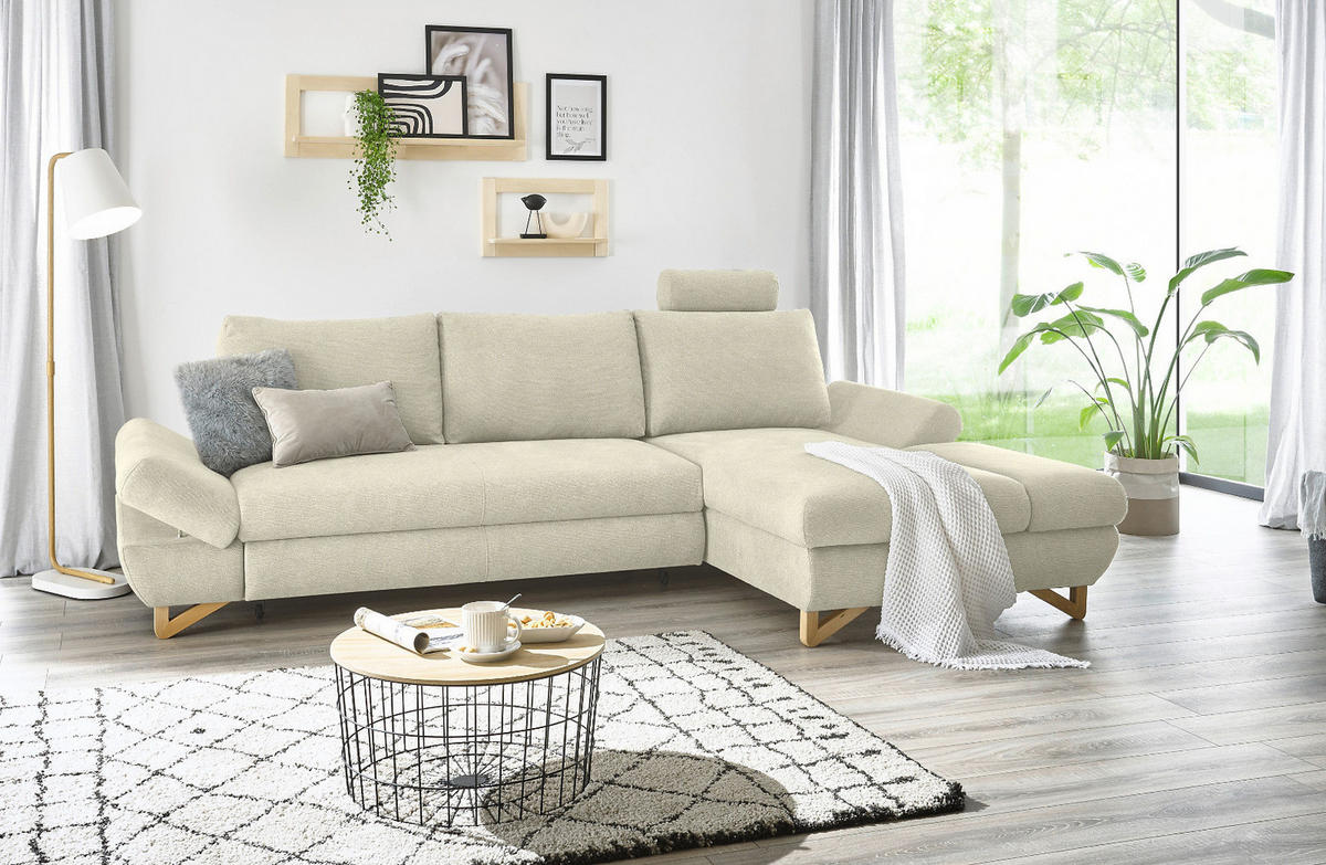 ECKSOFA beige Struktur-Stoff, Sofa mit Bettfunktion und Stauraum 284 cm - Beige, Holz/Textil (284/166cm) - Furn.Design