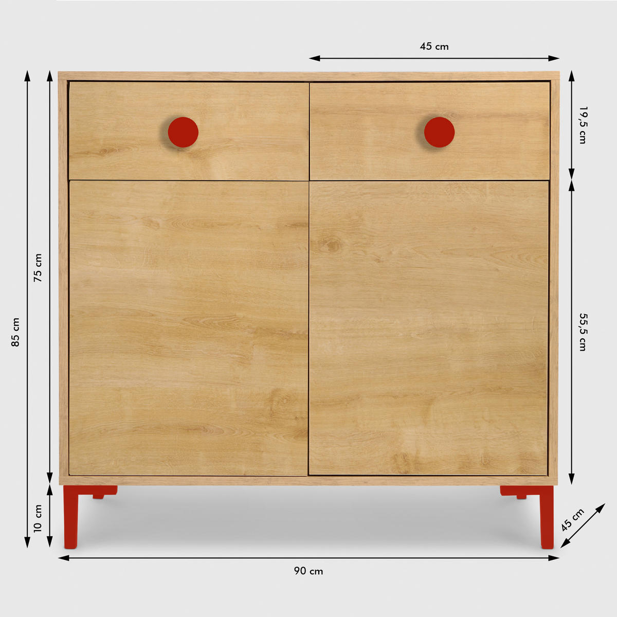 KOMMODE mit 2 Türen und 2 Schubladen ALISE Kids - Rot/Eiche Artisan, Holzwerkstoff (90/85/45cm) - RNT By Really Nice Things