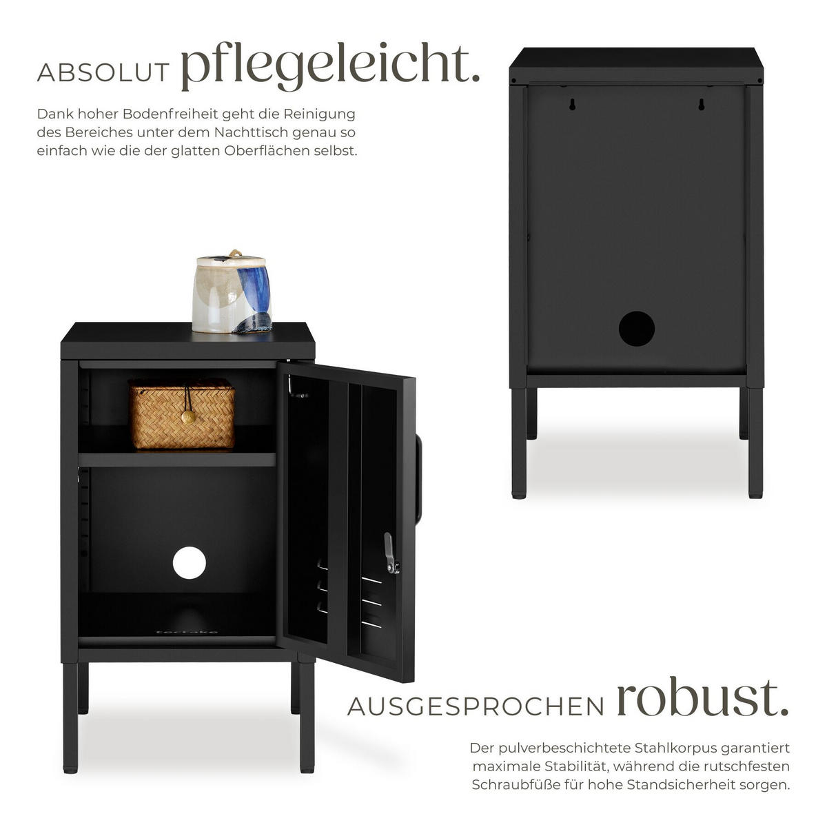 NACHTSCHRANK Baker, Kippschutz, höhenverstellbare Füße, schwarz - Schwarz, Metall (35/60.5/42.5cm) - tectake