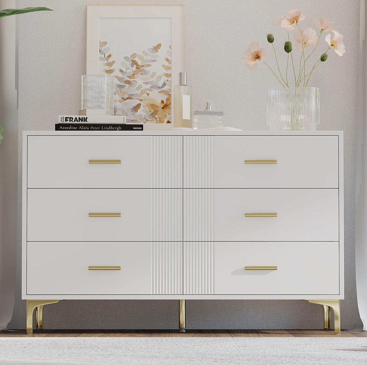 KOMMODE 120/40/76 cm aus MDF mit 6 Schubladen und Wellenfront Weiß - Weiß, Holzwerkstoff (120/76/40cm) - Modenvie