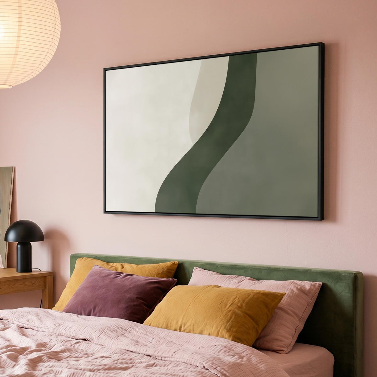 LEINWAND Bilder mit Rahmen - Japandi - Grün - Abstrakt - Modern - 140x90 - Salbeigrün, Textil (140/90cm) - MuchoWow
