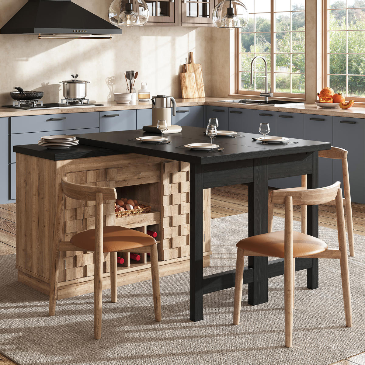 KÜCHENINSEL-ESSTISCH Naturfarben 120–197×40×74,2 cm mit 360° drehbarer Platte, Patchwork-Türen und Weinregal aus Holzwerkstoff - Naturfarben, Holzwerkstoff (120/74.2/40cm) - Luhomfu