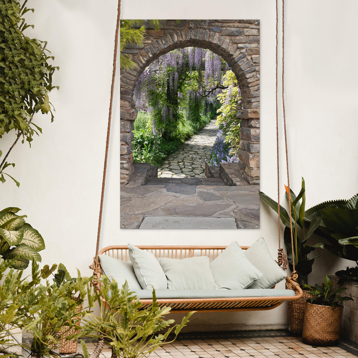 ZAHRADNÍ PLAKÁT Les - výhled - kameny - cesta 120x180 cm - šedohnědá, plast (120/180/0.2cm) - OnlyWow