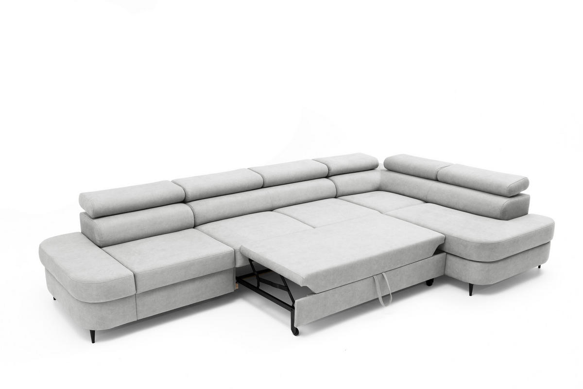 ECKSOFA PRIAM MAXI L-Form mit Schlaffunktion & Bettkasten, 6-Sitzer, 350cm, Verstellbare Kopfstützen, Ottomane Rechts - Hellgrau, Holz/Textil (350/203cm) - Muffo