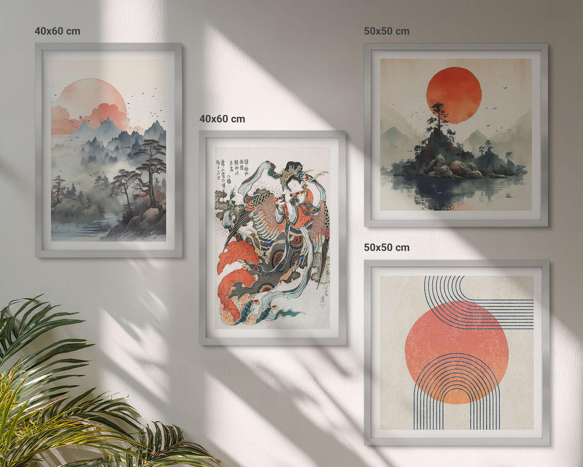 BILDER SET 4er Set - 50x50 cm & 40x60 cm Silberner Rahmen - Asiatische Landschaften Japandi - Silberfarben, Kunststoff (50/50cm) - TULUP