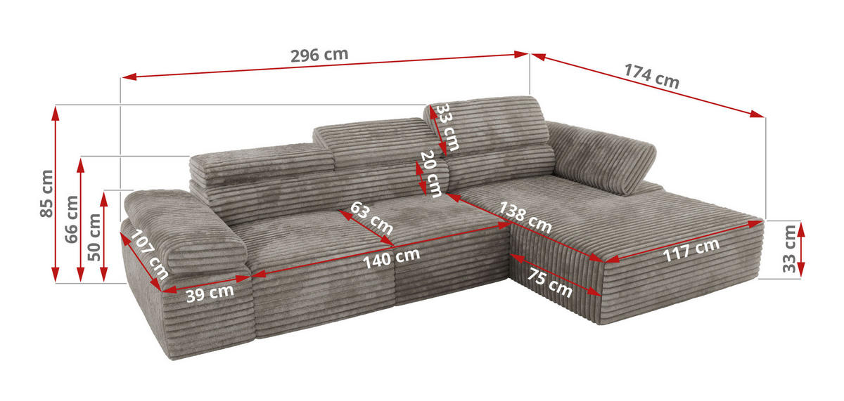 ECKSOFA RILASSO L Hellbraun Cord - rechts - Hellbraun/Schwarz, Kunststoff/Textil (174/296cm) - MKS