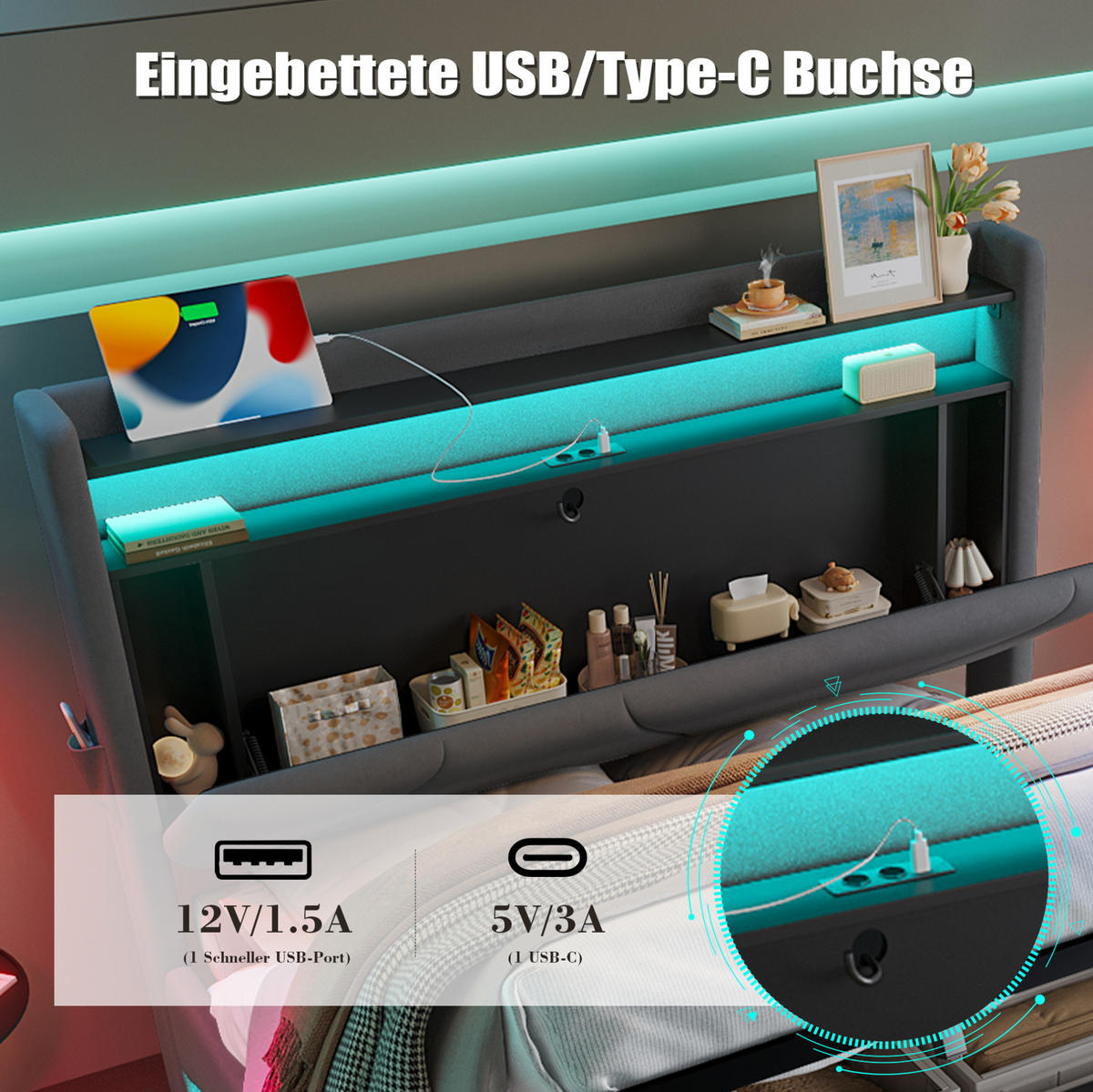 BETT mit Stauraum und LED 160x200 cm Samt Dunkelgrau - Dunkelgrau, Metall (160/200cm) - Meubliv