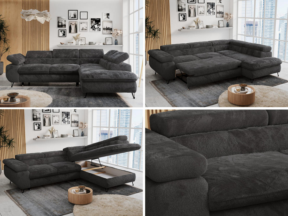 ECKSOFA PETER L Anthrazit Plüsch - Rechts Seite - Anthrazit/Schwarz, Textil/Metall (273/208cm) - MKS