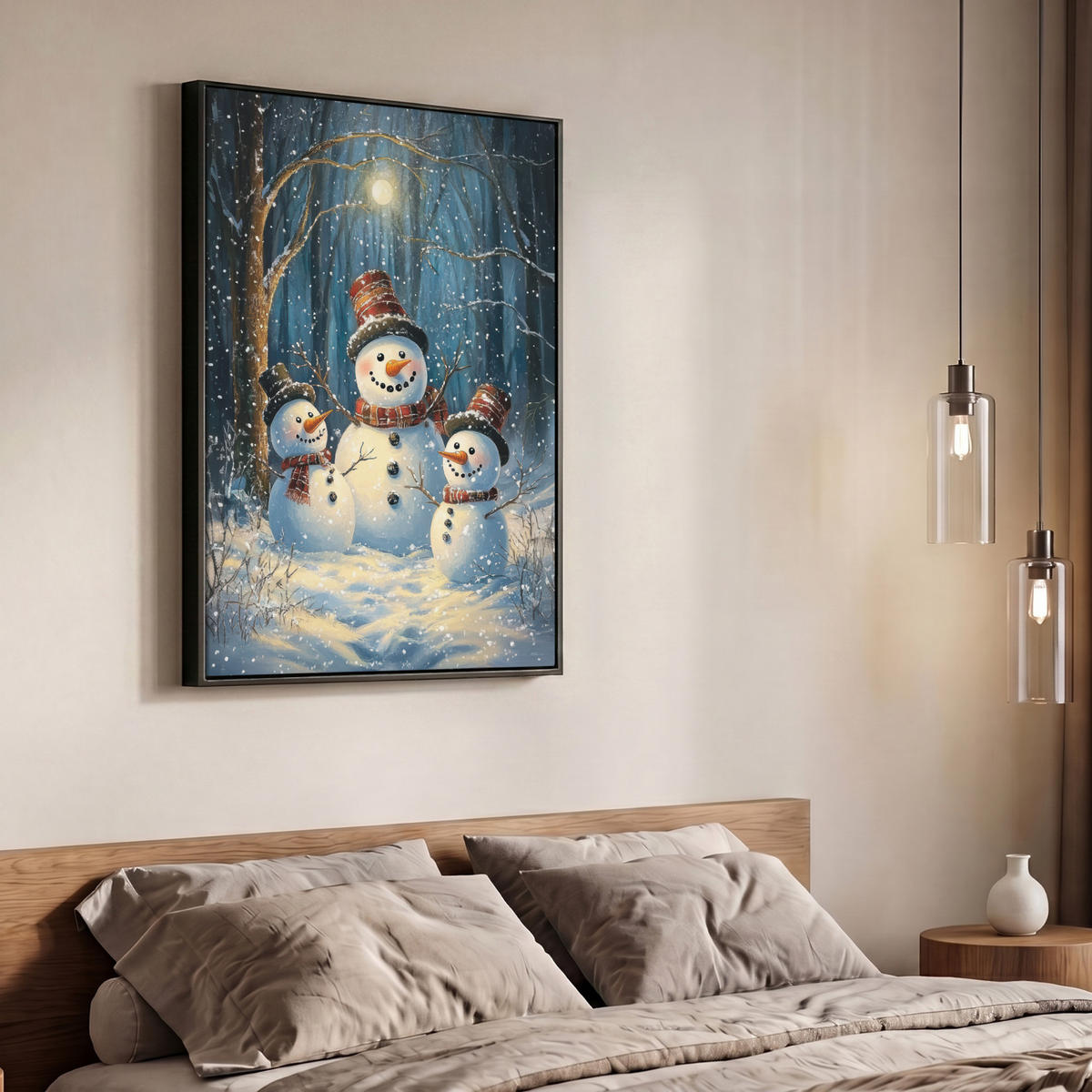 LEINWAND Bilder mit Rahmen - Schneemann - Schnee - Winter - Wald - 70x100 - Hellblau, Textil (70/100cm) - MuchoWow