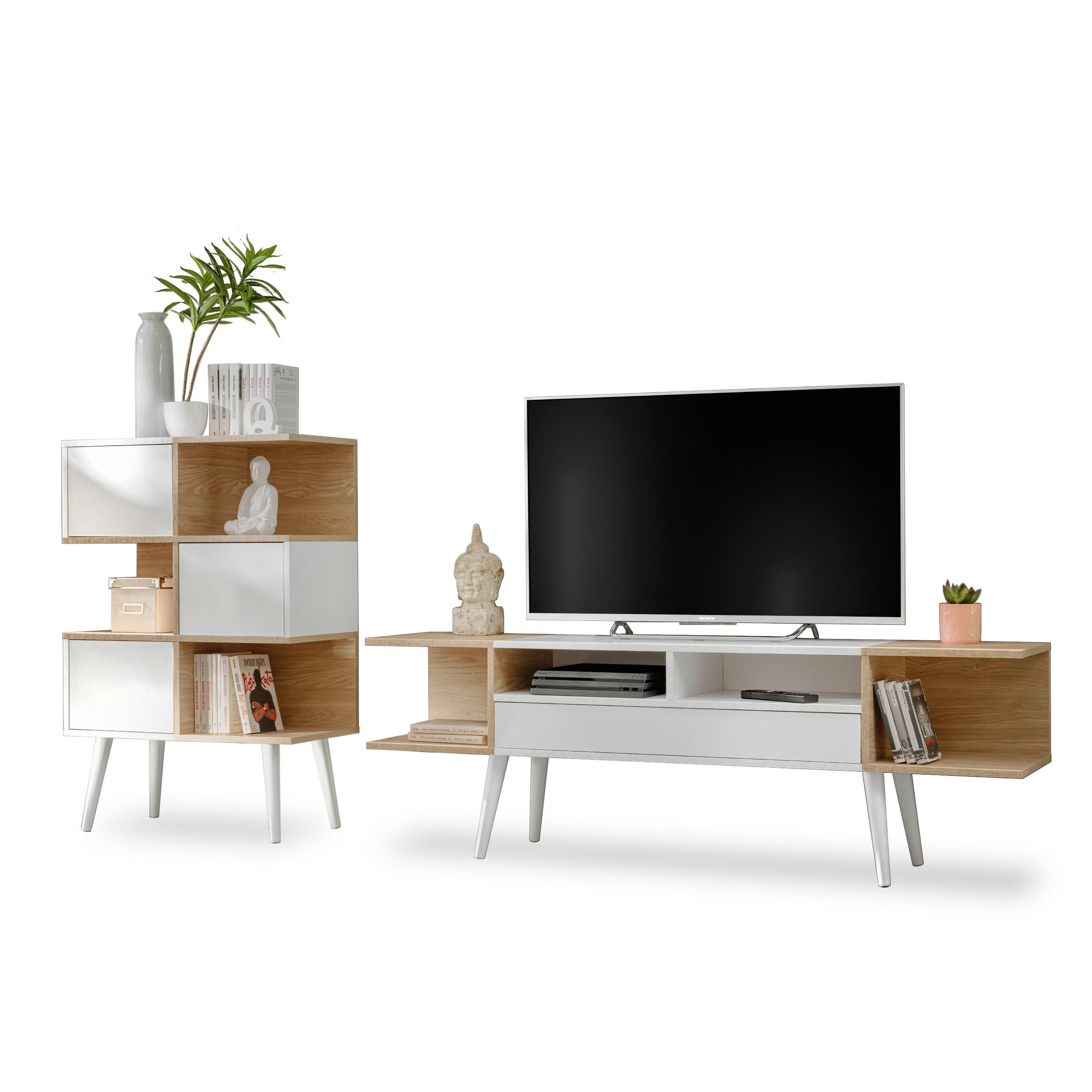 WOHNWAND FORIO, Sideboard und Lowboard, Eiche/Arktik Weiß - Eichefarben/Weiß, Holz/Holzwerkstoff (230/102/35cm) - Komodee
