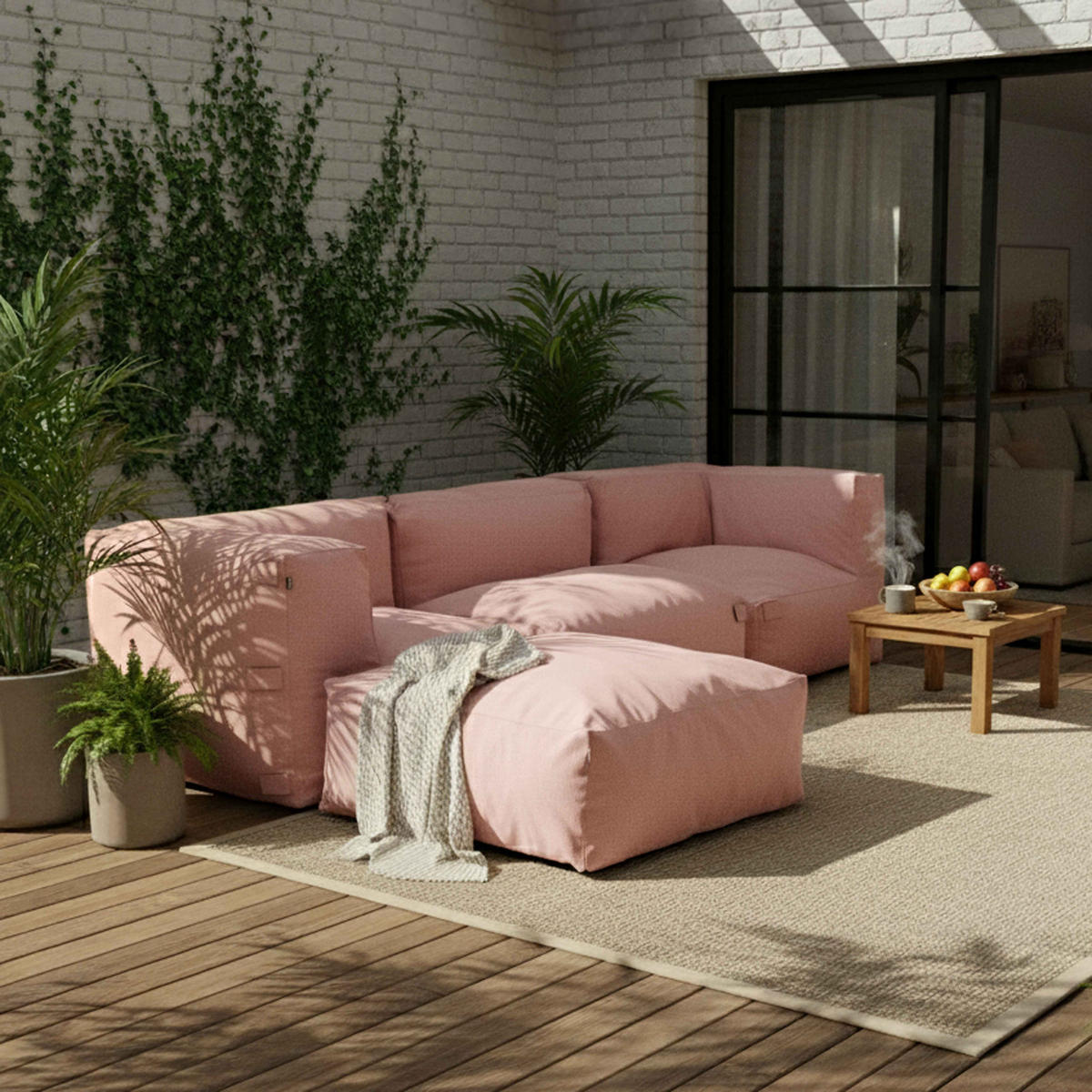 GARTENSOFA mit 4 Sitzplätzen, Puderrosa - Pink, Textil (85/65/255cm) - Oviala