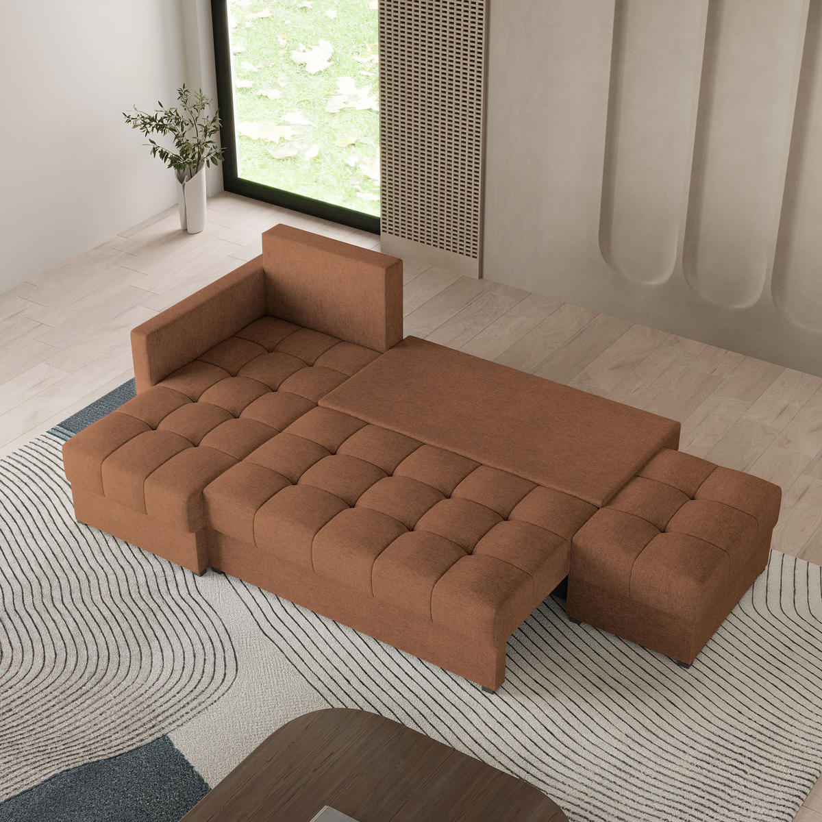 ECKSOFA LUMARI L-S Kupferfarben Plüsch-Stoff mit Schlaffunktion - Kupferfarben, Holz (262/143cm) - MASSENO