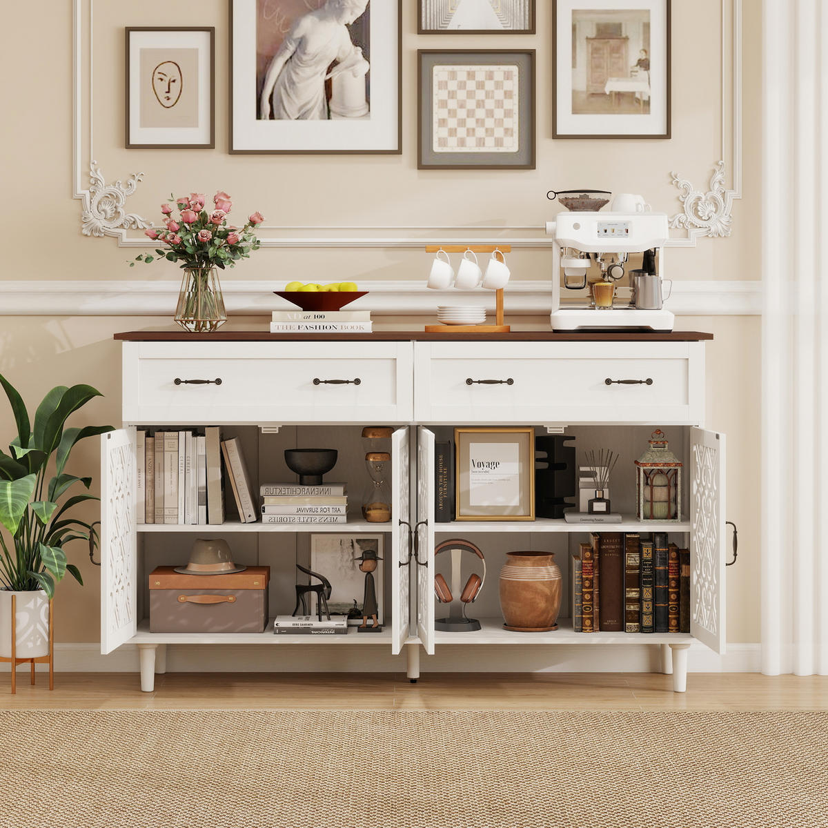 SIDEBOARD aus Spanplatte und Massivholz 150x40x93 cm Weiß mit 4 Türen, 2 Schubladen, verstellbaren Einlegeböden und Vintage-Front - Weiß, Holzwerkstoff (150/90.3/40cm) - Modfu