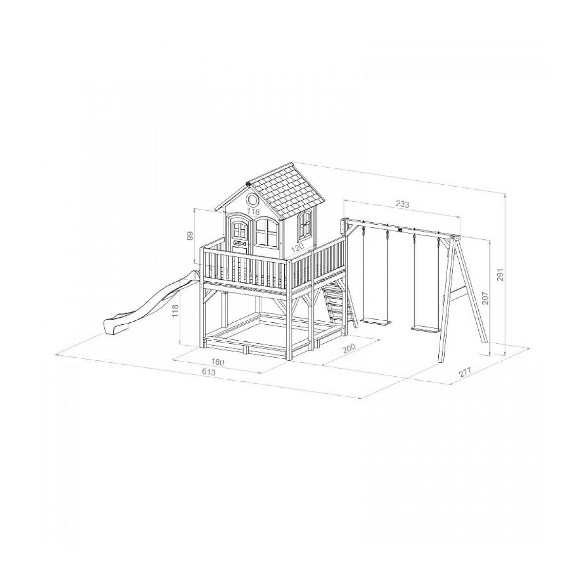 SPIELHAUS Maisonette Liam Brown White mit 2 Schaukeln und blauer Rutsche und Sandkasten - Weiß, Holz (613/291/277cm) - Axi House