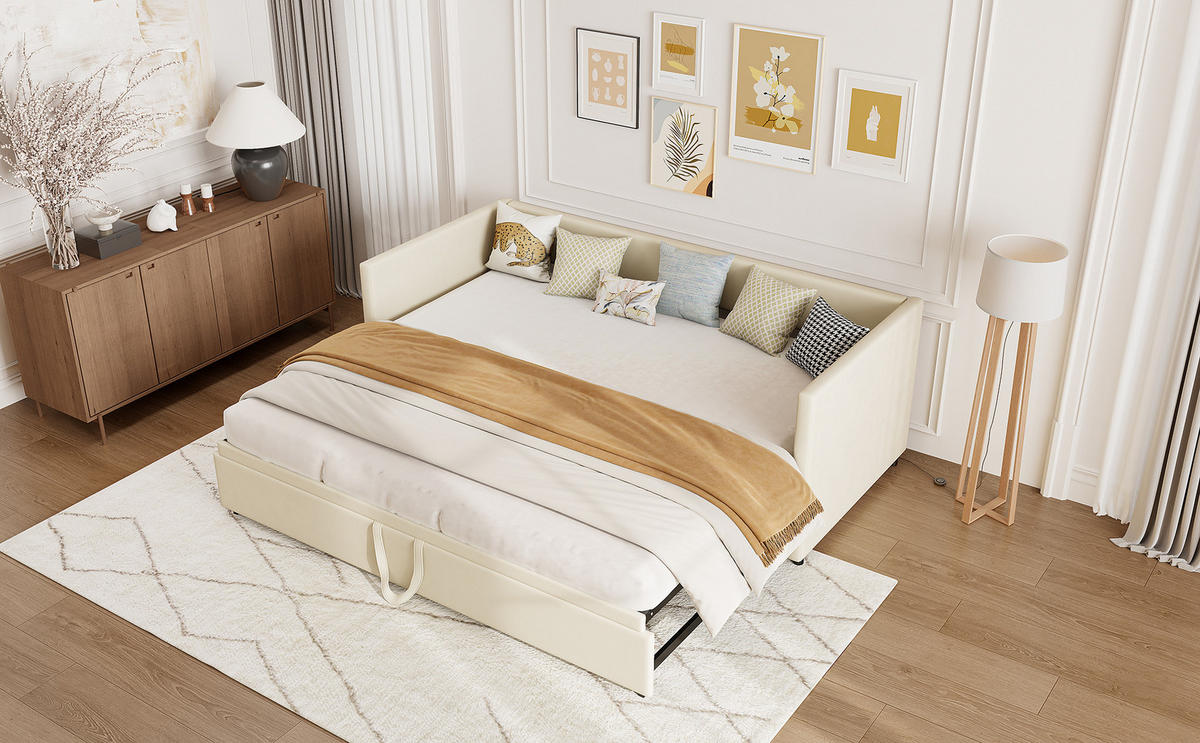 SCHLAFSOFA 90x200cm beige samt ausziehbar 180x200cm - Beige, Holzwerkstoff (180/200cm) - SHOPENTRA