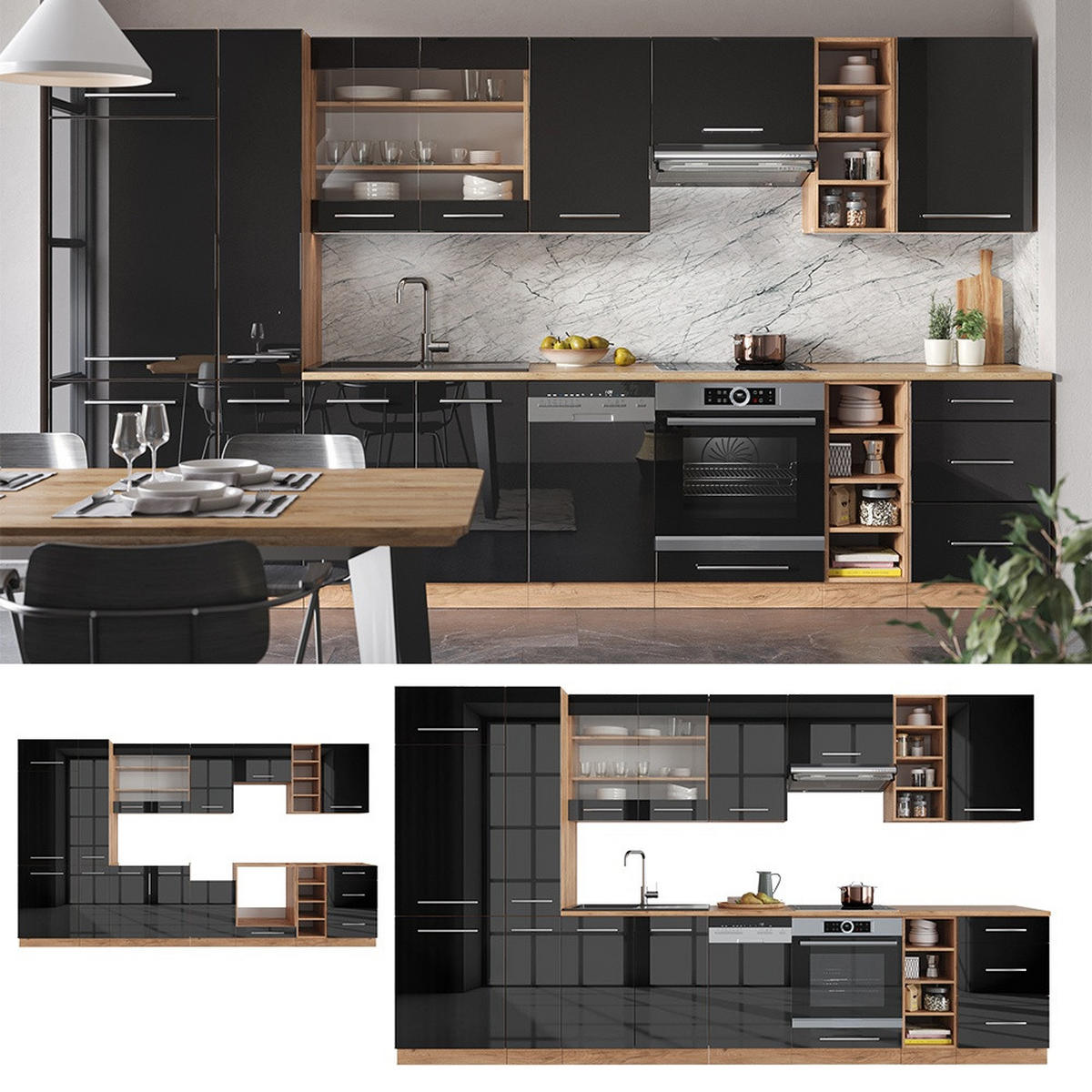 KÜCHENZEILE Fame-Line Anthrazit Hochglanz/Goldkraft Eiche 355 cm ohne Arbeitsplatte - Honigeiche/Schwarz Hochglanz, Holzwerkstoff (355/81.6/46cm) - Vicco