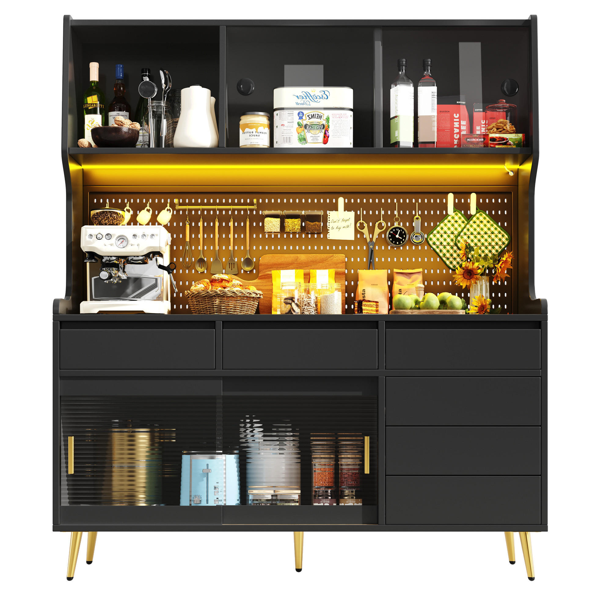 BUFFETSCHRANK 145/39/171 cm mit LED-Beleuchtung, App-Steuerung, Schiebetüren und geriffelter Glasfront, Schwarz - Schwarz, Holzwerkstoff (145/171/39cm) - Redom