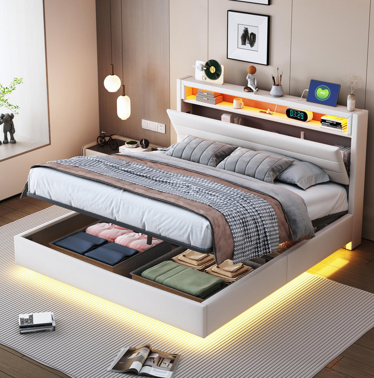 POLSTERBETT 140/200 cm mit LED-Beleuchtung, USB-Anschluss, drehbarem Kopfteil und Bettkasten, Beige - Beige, Textil (140/200cm) - Redom