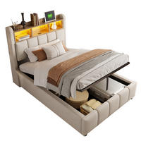 POLSTERBETT 90/200 cm Beige mit USB- und LED-Beleuchtung und hydraulischem Stauraum - Beige, Textil (90/200cm) - OKWISH