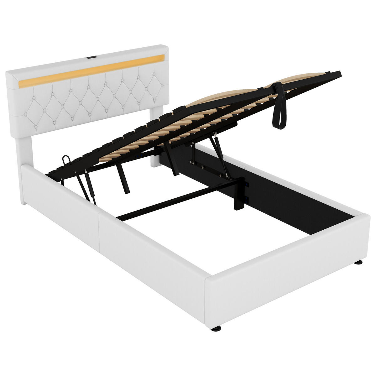 FLACHBETT 140x200cm Weiß gepolstert LED Hydraulik USB-C Stauraum - Weiß, Holz (140/200cm) - FLIEKS