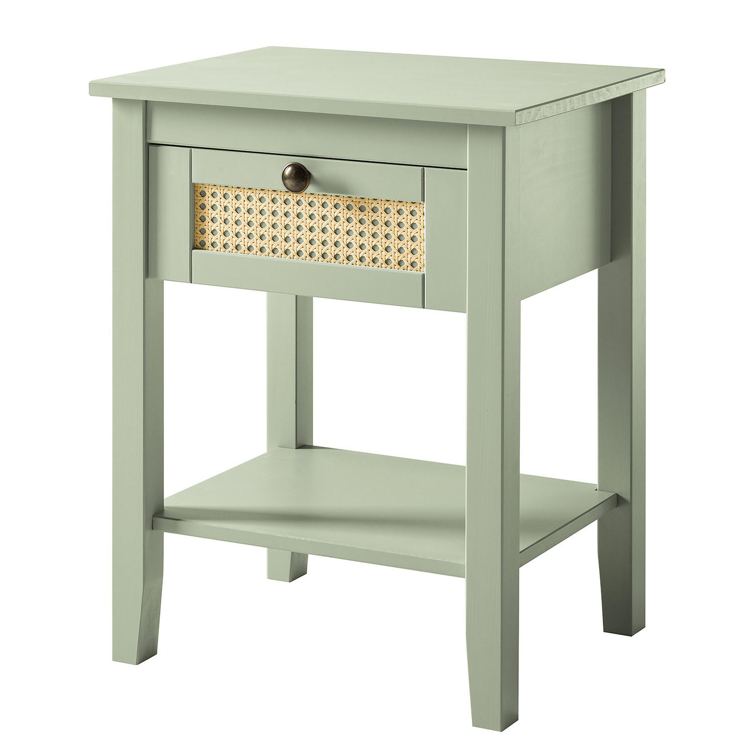 NACHTTISCH - Kiefer massiv / Wiener Geflecht - Olivgrün, Holz (48/60/35cm) - home24