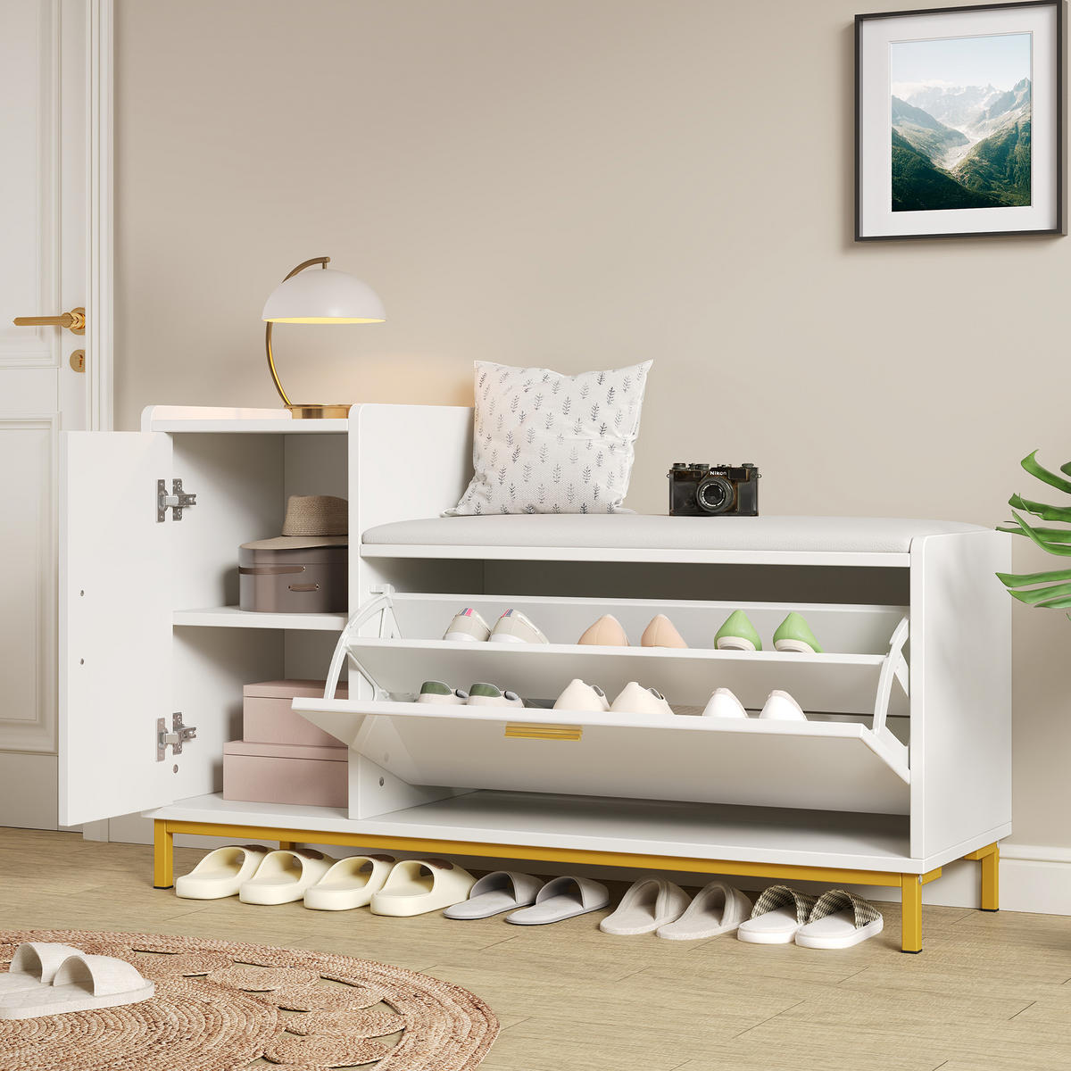 SCHUHSCHRANK Weiß Gold Hochglanz 100x38x68cm Sitzbank Stauraum - Multicolor, Holzwerkstoff (38/68/100cm) - FLIEKS