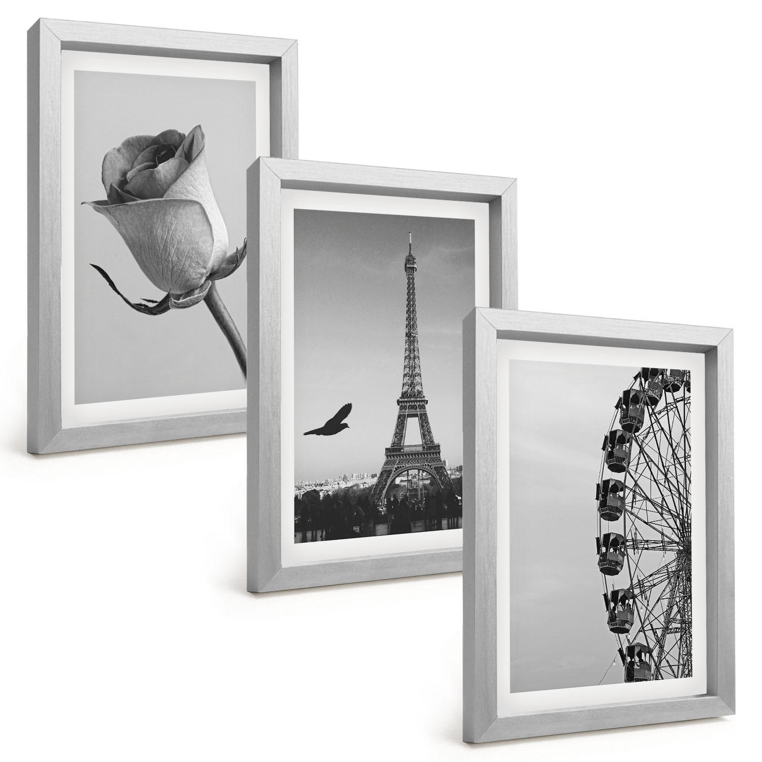 BILDER SET 3er Set - 20x30 cm Silberner Rahmen - Rose Eiffelturm Riesenrad - Silberfarben, Kunststoff (20/30cm) - TULUP