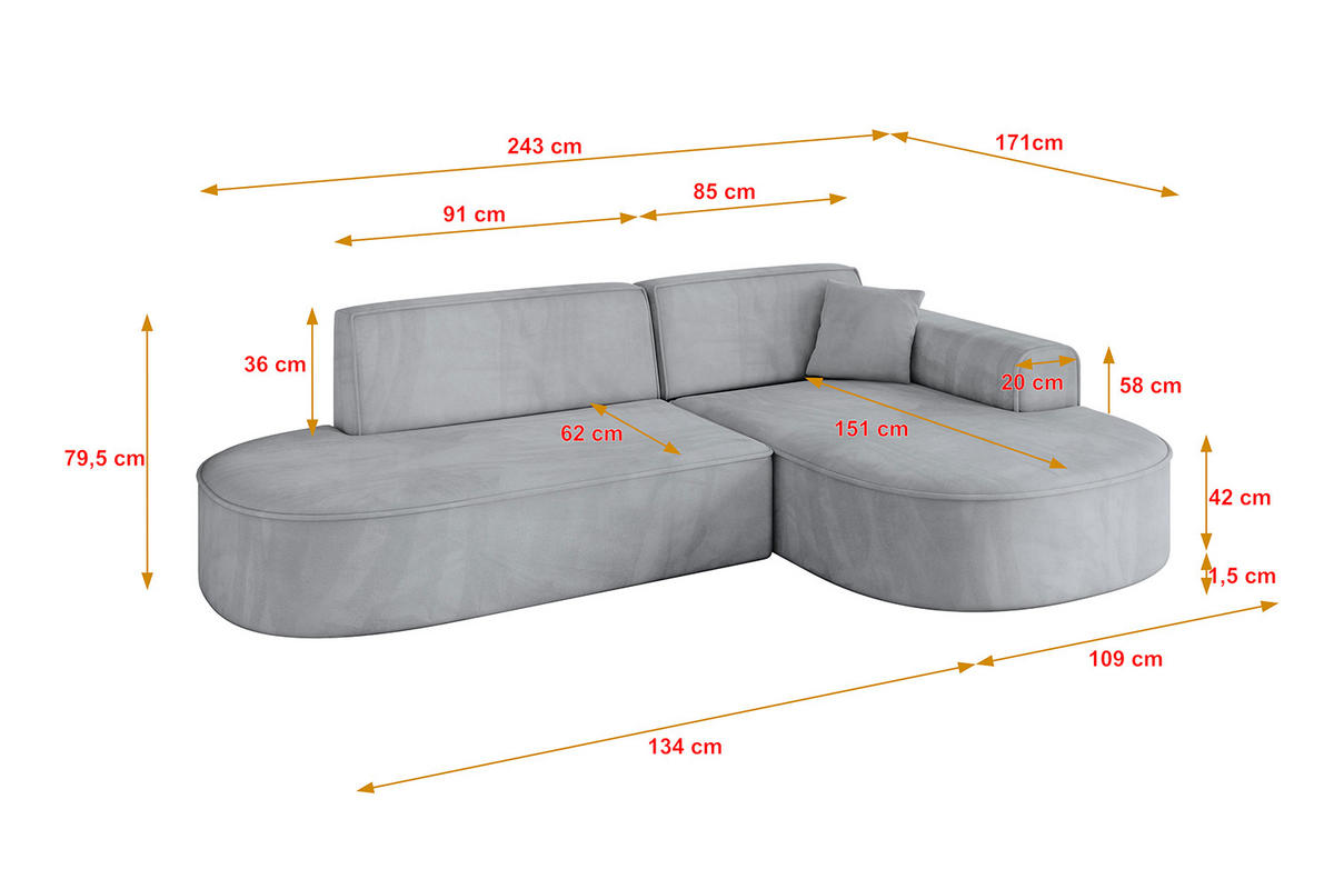 ECKSOFA Ottomane Rechts MARI-L1 - 243x171x79 cm Grau Velours - Schwarz/Grau, Holzwerkstoff/Kunststoff (171/243cm) - ALTDECOR