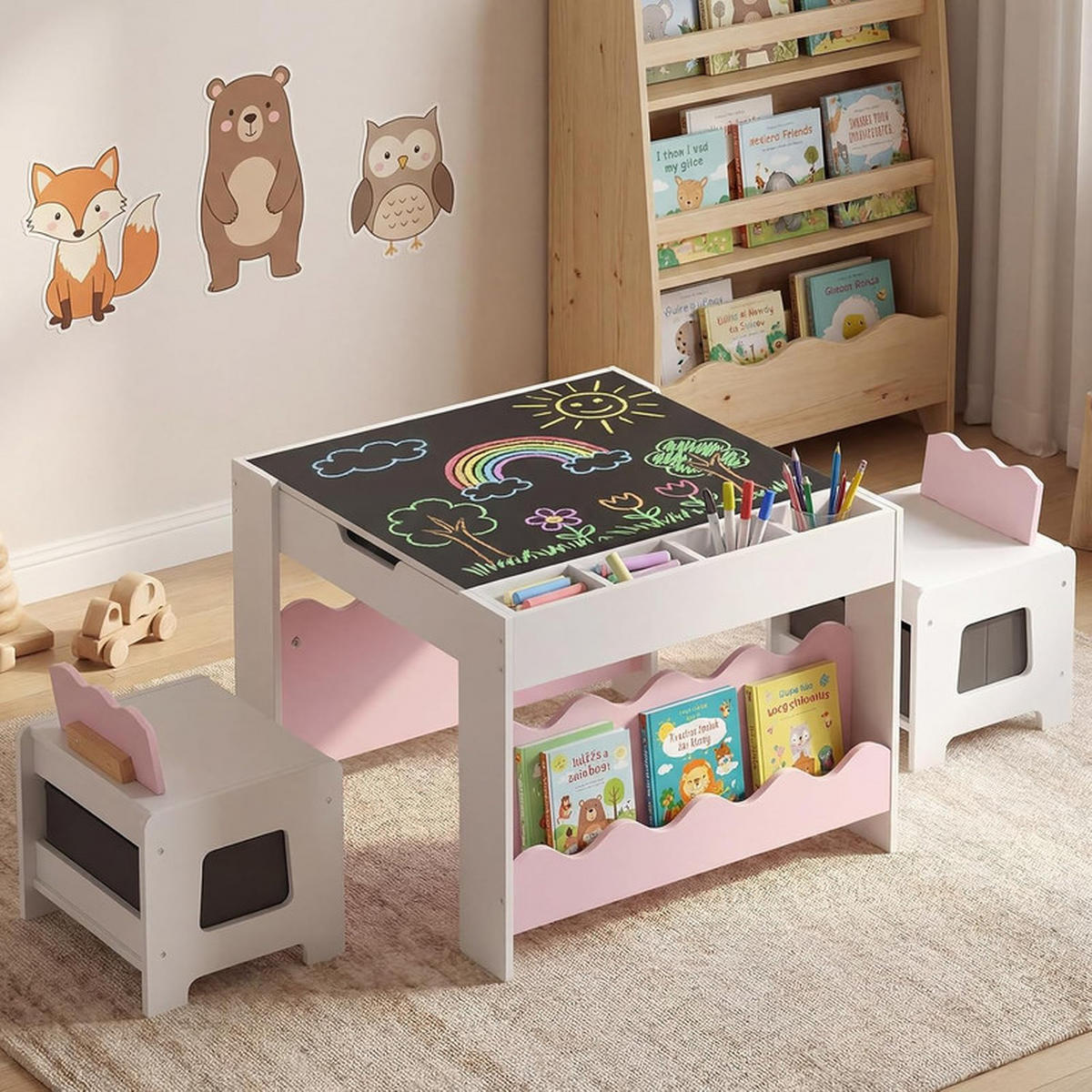 KINDERTISCH mit Stuhl rosa(3-tlg) - Pink, Holzwerkstoff (66/48/64cm) - COSTWAY
