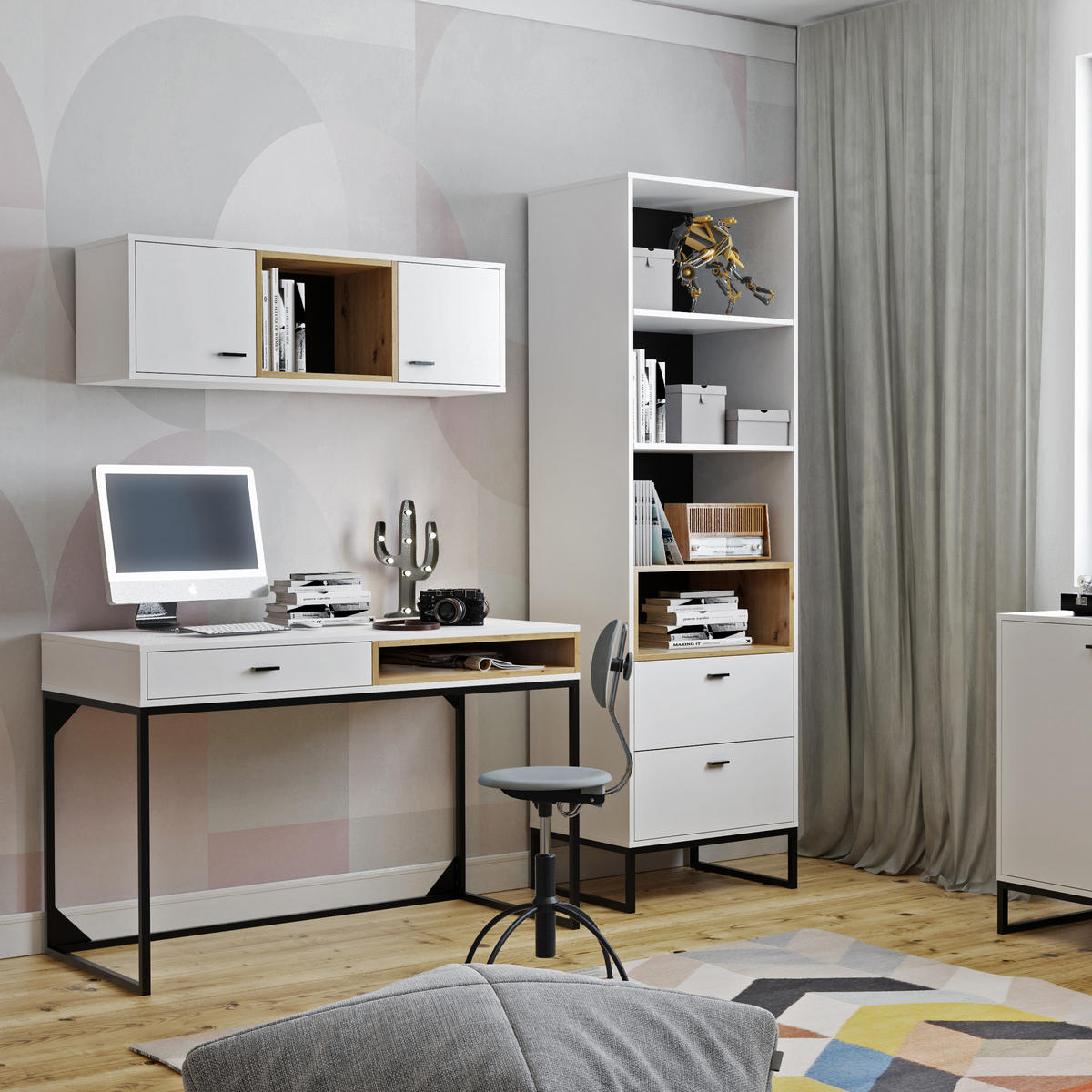 VITRINE OMAN mit 1 Tür, Weiß+eiche Artisan - Schwarz/Weiß, Holzwerkstoff/Metall (90/130/40cm) - Beautysofa