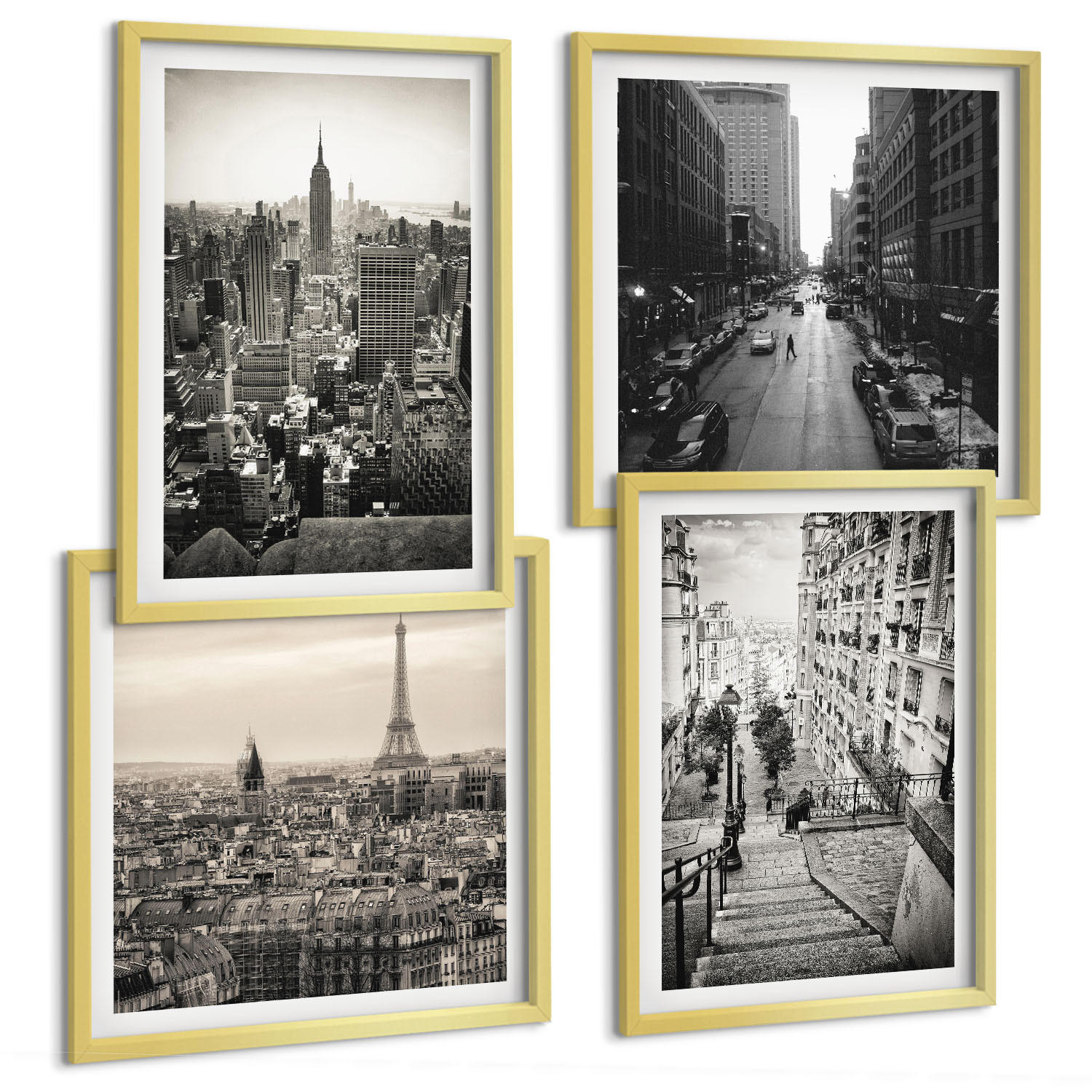 BILDER SET 4er Set - 50x50 cm & 40x60 cm Goldrahmen - Aussicht Paris New York Treppen - Goldfarben, Kunststoff (50/50cm) - TULUP