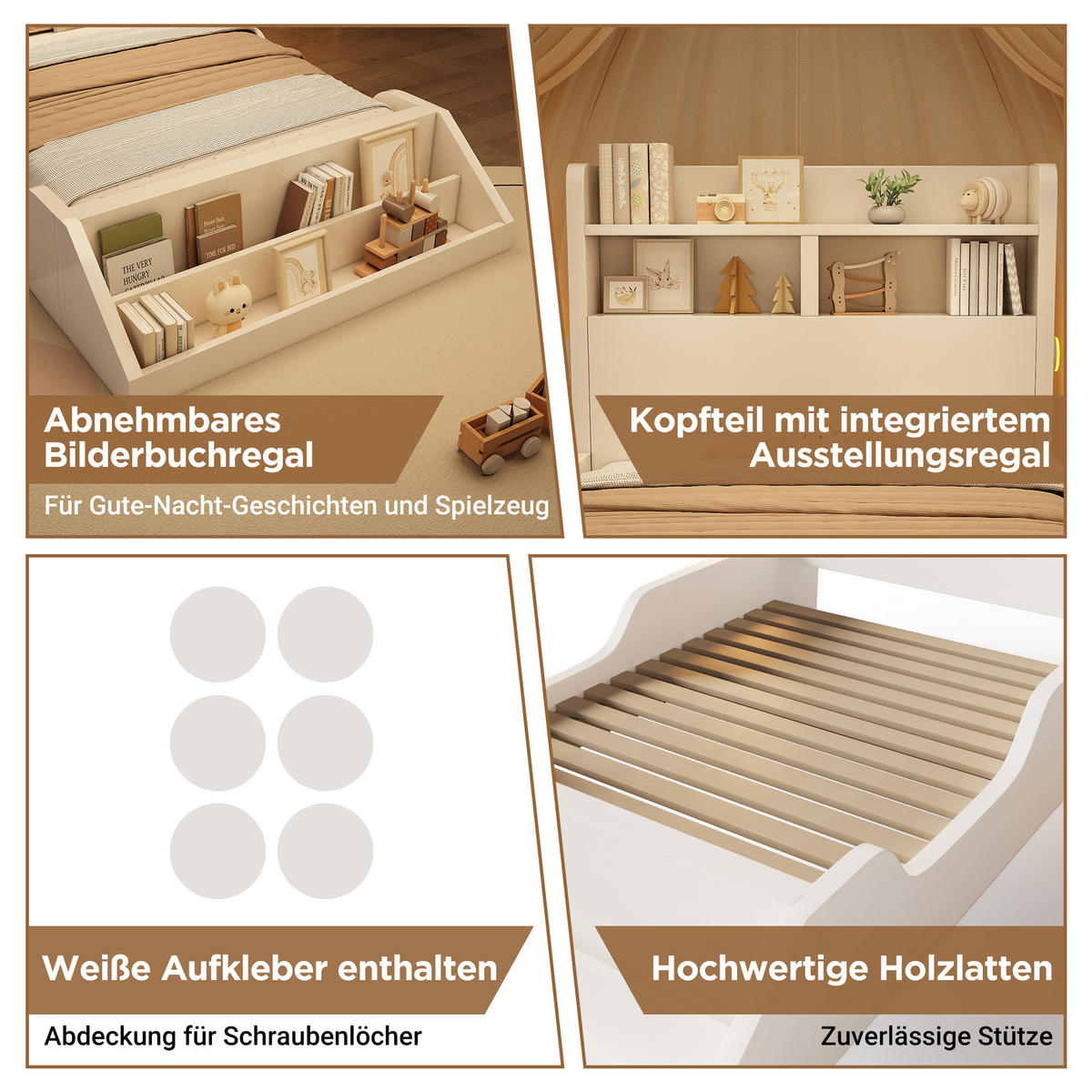 KINDEREINZELBETTEN aus Holz 90x200 cm in Weiß mit Nachtlichtern & Bücherregal - Weiß, Holz (90/200cm) - Modfu