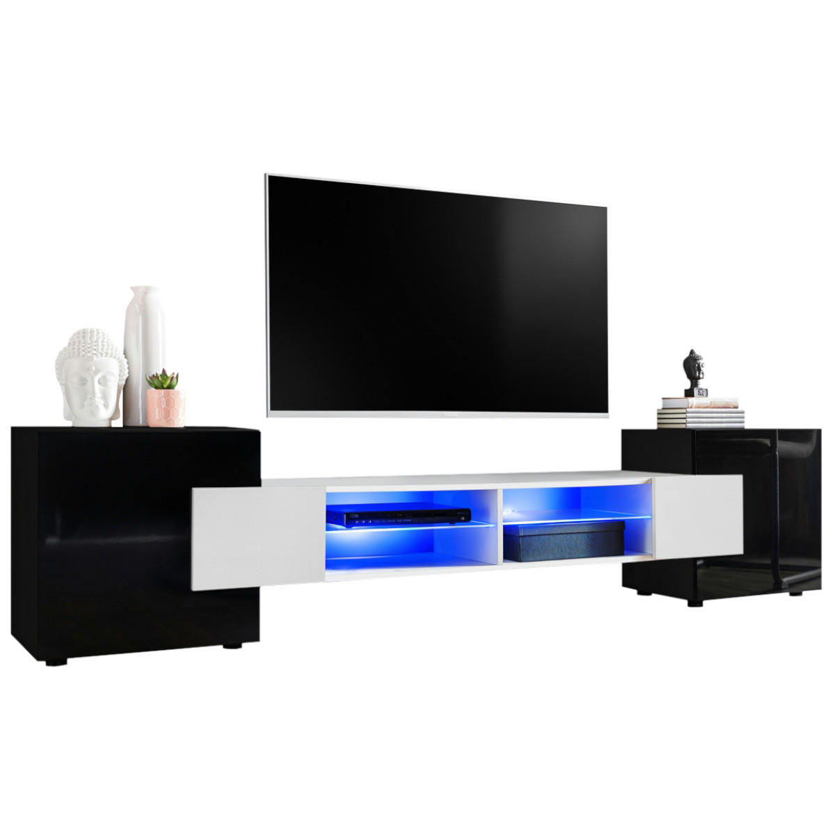 LOWBOARD MERANO Black, Blau LED Beleuchtung - Schwarz/Weiß, Glas/Holzwerkstoff (230/52.5/35cm) - Komodee