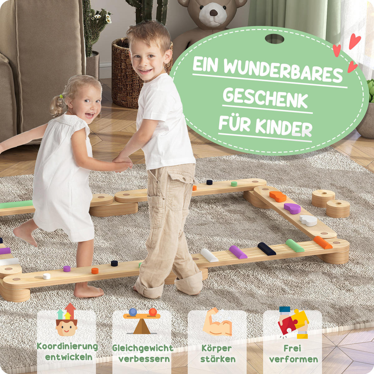BALANCEBALKEN-KINDERSET aus Holz, 3-8 Jahre, zweiseitig, für Koordination - Multicolor, Holzwerkstoff (115/8.5/130cm) - AIYAPLAY