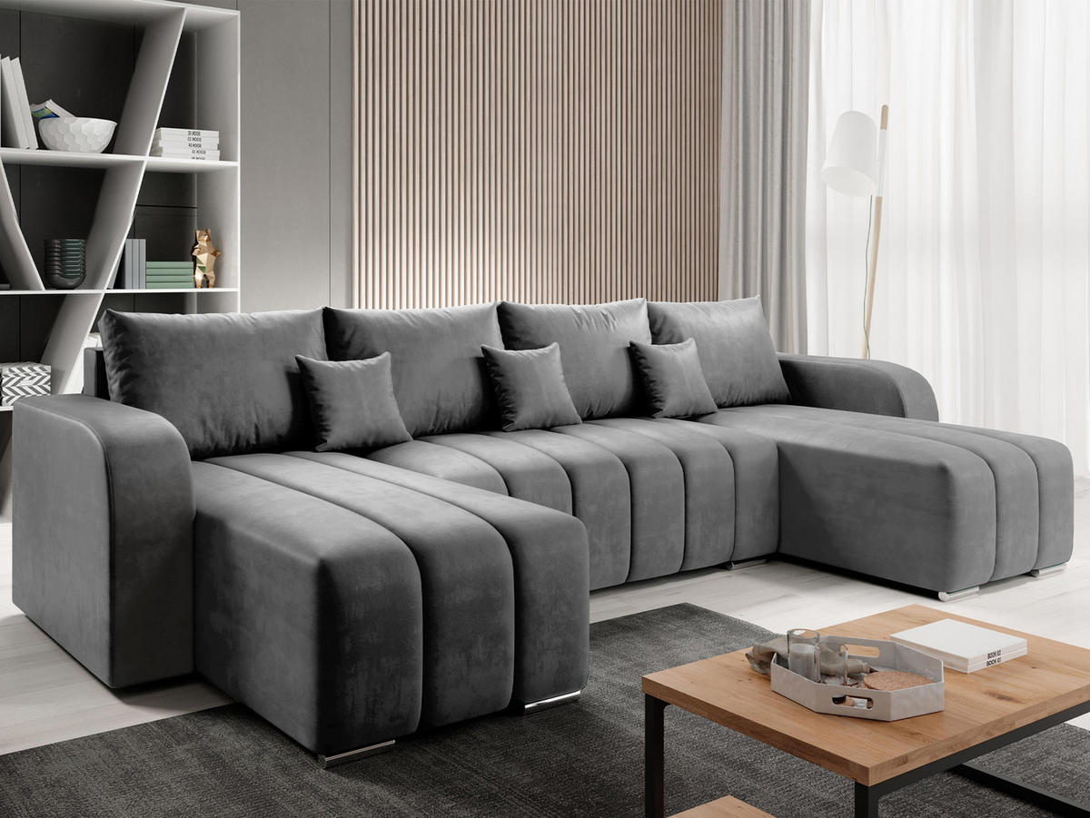 WOHNLANDSCHAFT Pufetto U - Silberfarben/Grau, Holz/Textil (313/86/147cm) - MIRJAN24