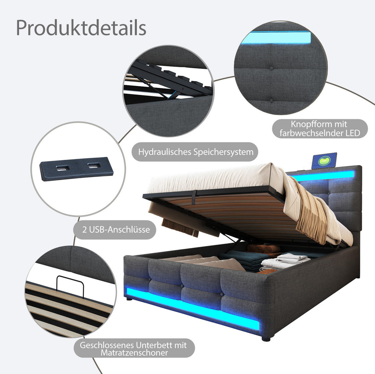 POLSTERBETT mit LED-Beleuchtung 90/200 cm in Grau mit USB und verstellbarem Kopfteil - Grau, Textil (90/200cm) - BEAOK