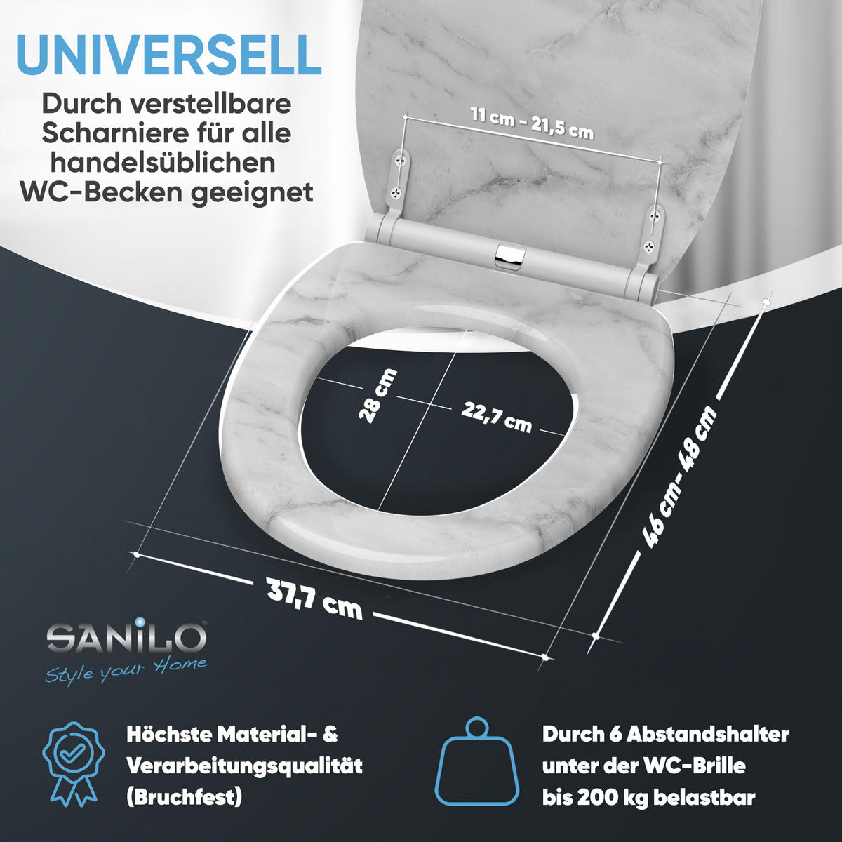 WC-SITZ mit Absenkautomatik & Top Fix Marmor - Grau, Holzwerkstoff (37.7/5.5/48cm) - Sanilo