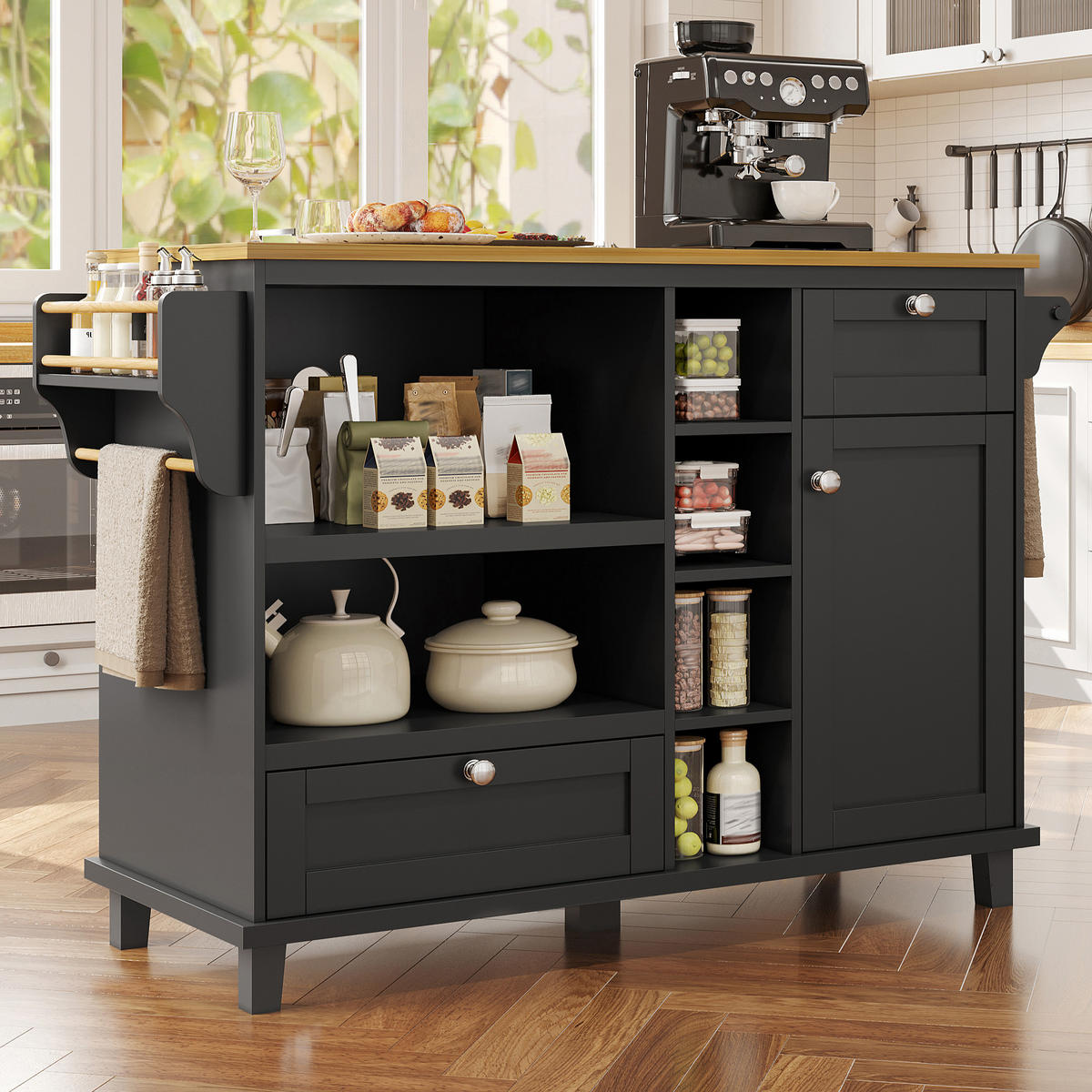 KÜCHENINSEL 129/46/92 cm Schwarz mit Holzplatte, Schubladen, Schrank, Regal und 5 Rollen - Schwarz, Holz/Holzwerkstoff (129/92/46cm) - Oxeza