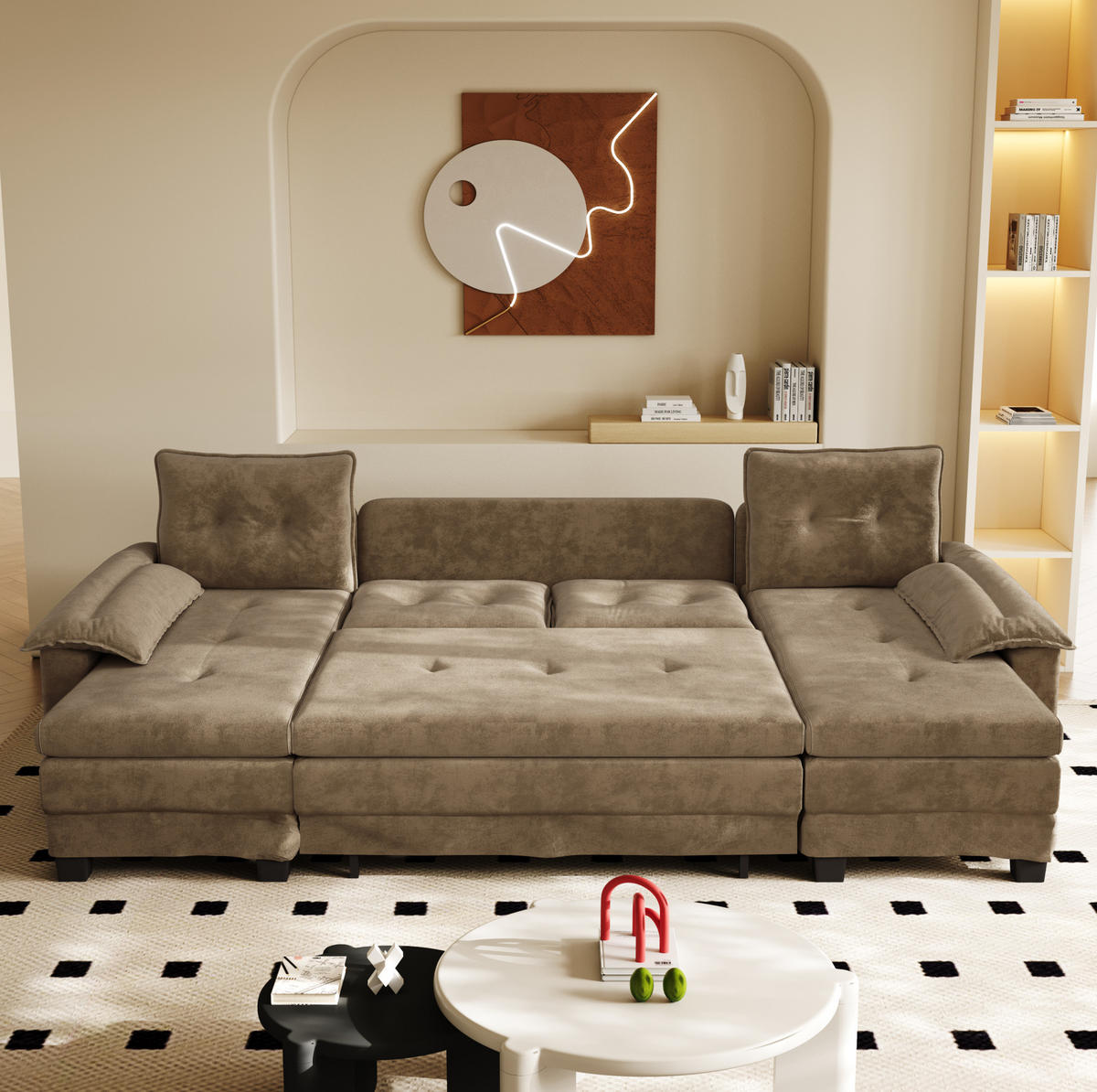 SOFABETT U-Form mit USB 278 x 127 cm Chenille Khaki - Dunkelgrün, Textil (127/87/278cm) - Meubliv