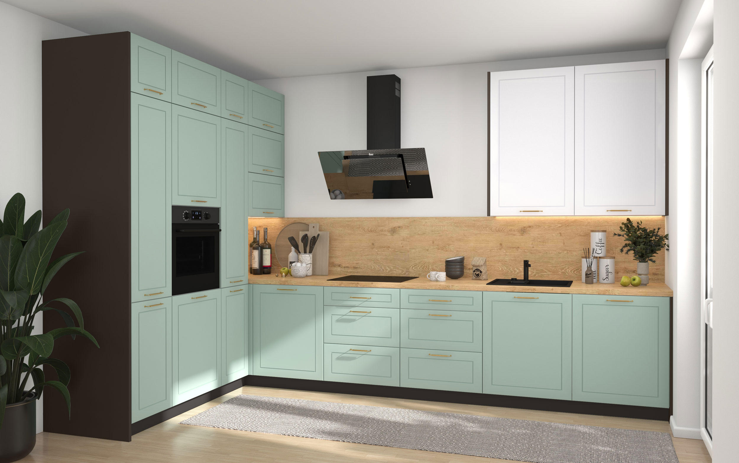 L-FORM KÜCHENZEILE Bari (16-tlg) Lava / Blassgrün - Signalweiß - Grün, Holzwerkstoff/Metall (347/243/202cm) - Feldmann-Wohnen