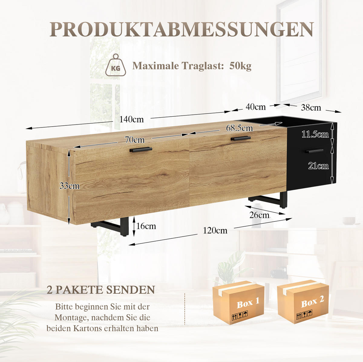 LOWBOARD 180/38/49 cm aus Holzwerkstoff mit LED-Beleuchtung Schwarz/Naturfarben - Schwarz, Holzwerkstoff (180/49/38cm) - Modenvie