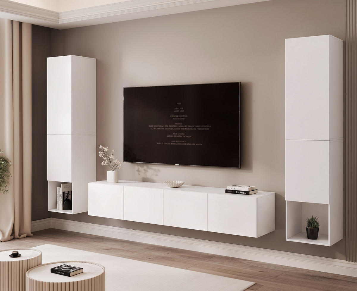 WOHNWAND ANGEL LINE II 3-teilig, mit LED-Beleuchtung, Weiß matt - Weiß, Holzwerkstoff (280/180/40cm) - Idohome