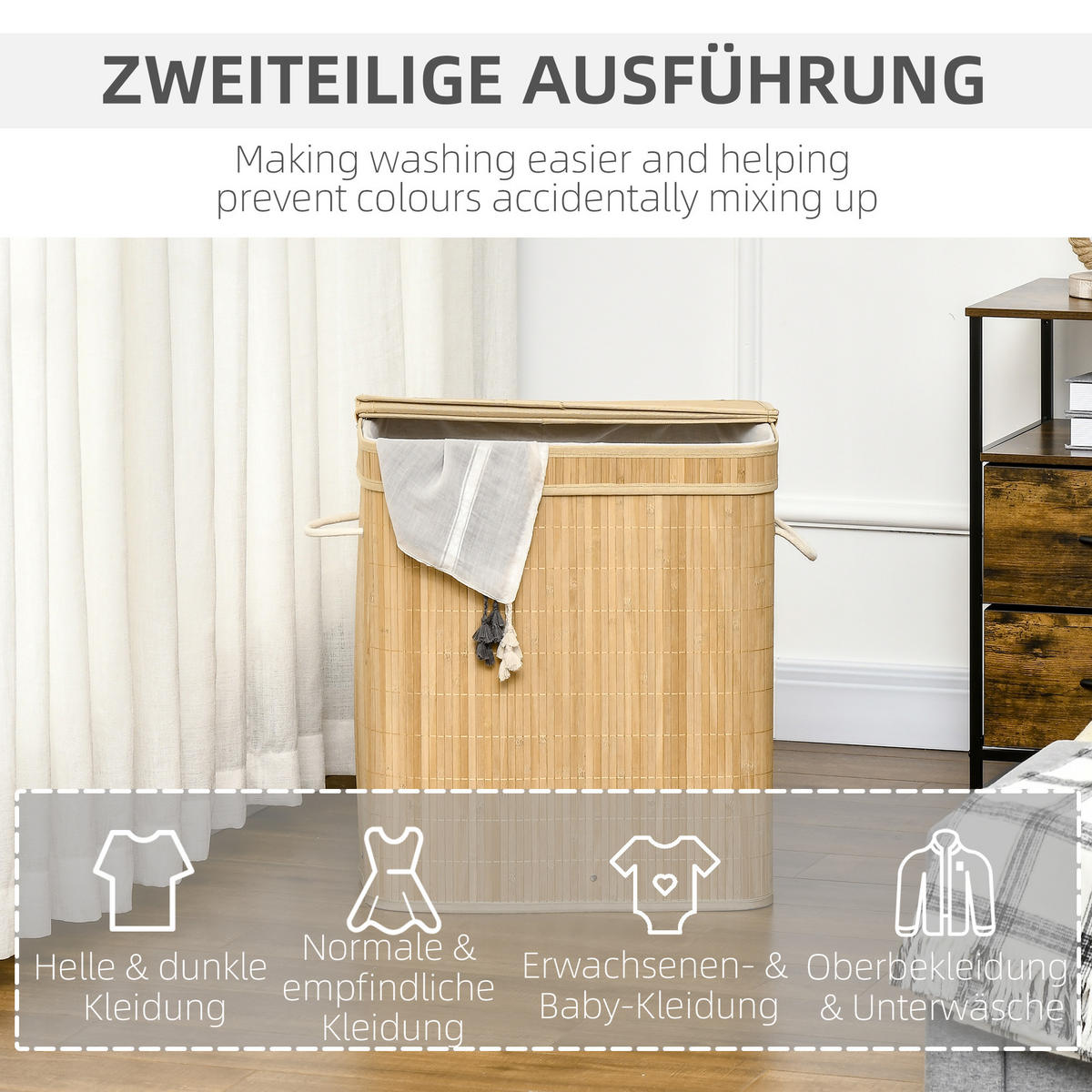 WÄSCHEKORB mit Deckel 90 L, Natur - Naturfarben, Naturmaterialien (54.2/59.5/35.2cm) - HOMCOM
